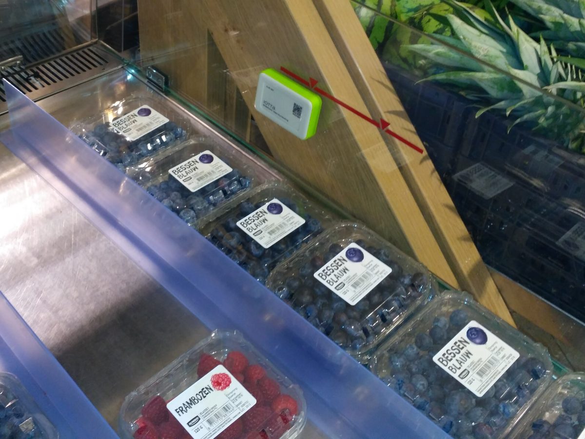 Gekoelde vitrine met verse bessen in een supermarkt, met een draadloze iotta-temperatuursensor aan de binnenzijde